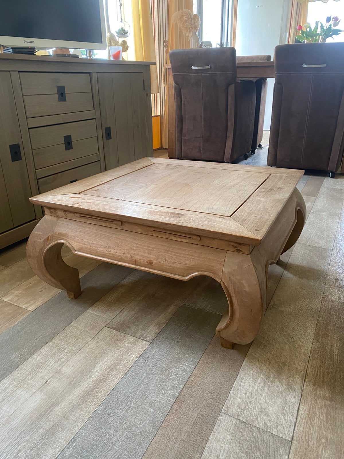 Teak hout opium salontafel 70 bij 70 hoogte 37.5, Huis en Inrichting, Tafels | Salontafels, Vierkant, Zo goed als nieuw, Minder dan 50 cm