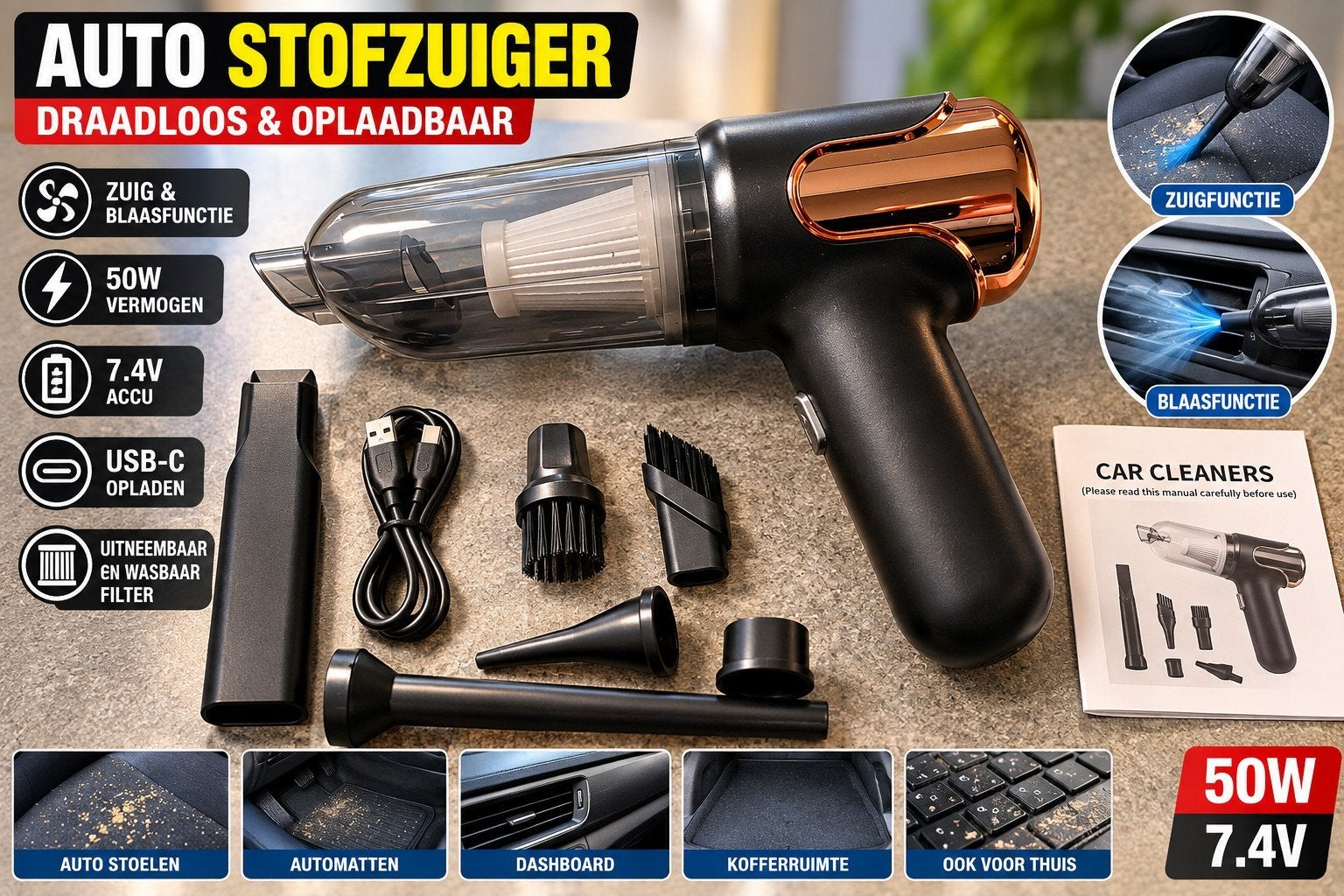 Nieuwe draadloze auto stofzuiger 50W – zuig & blaasfunctie, Overige merken, Kruimeldief, Draadloos, Nieuw