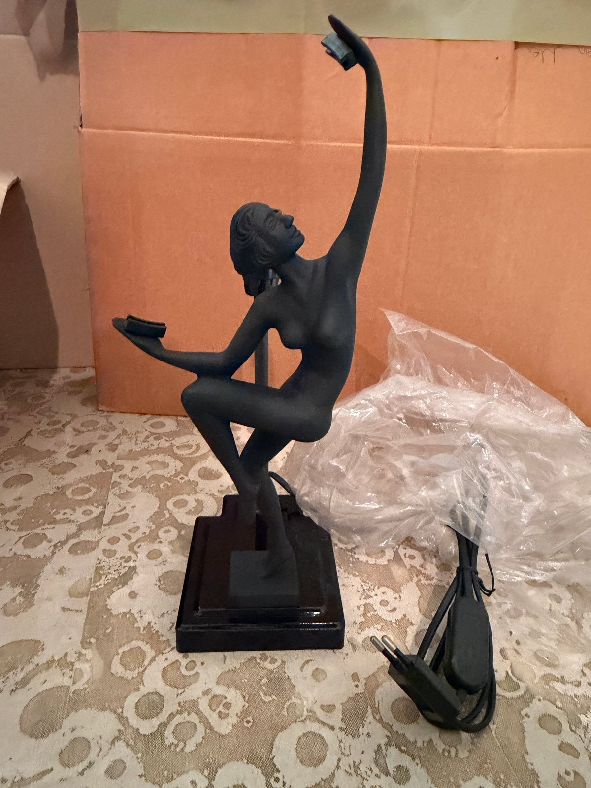 Vintage Art Deco Lady Fan Lamp Base voor glas-in-lood, Overige merken, Gebruikt, Zwart, Art deco