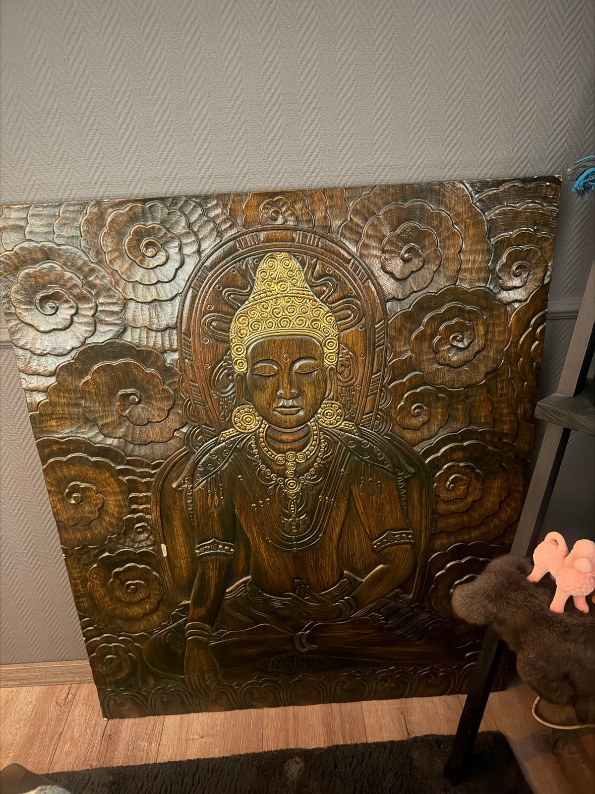 Groot Boeddha Wandpaneel - Houtsnijwerk met Gouden Accenten, Ophalen, Gebruikt, Hout, Bruin