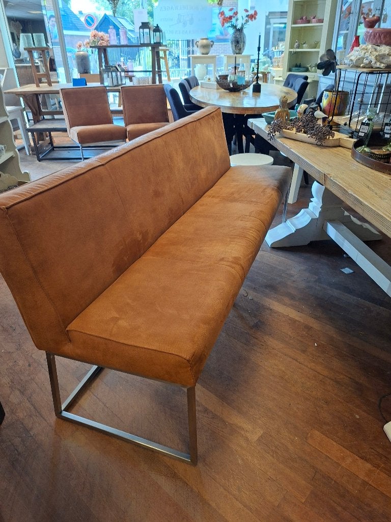 Cognackleurige eetkamerbank 190 cm, Huis en Inrichting, Stoelen, Ophalen, Bruin, Zo goed als nieuw, Stof