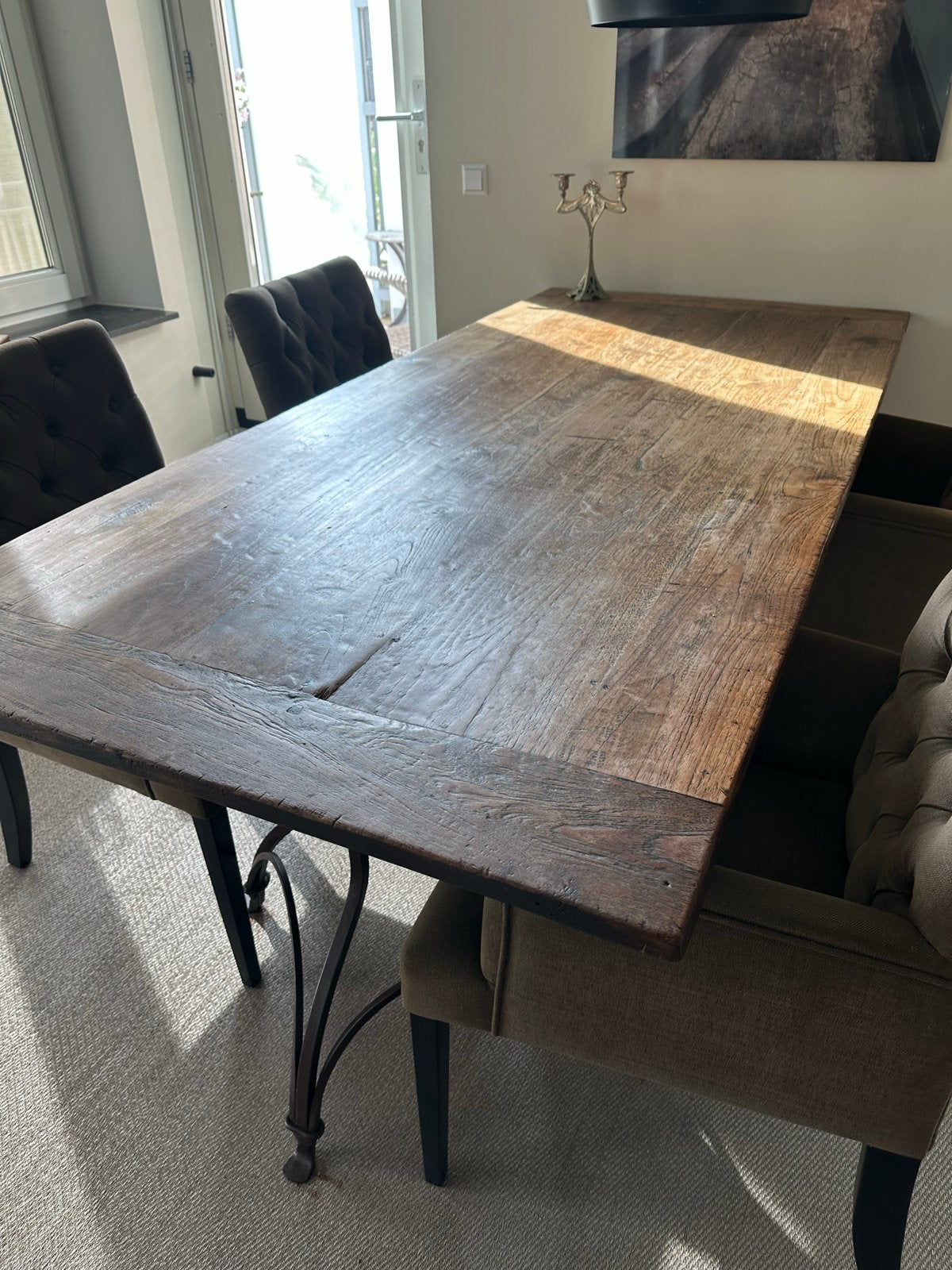 Eiken eettafel 2.20m en 6 Interiors DMF eetstoelen, Ophalen, Gebruikt, Eikenhout, 200 cm of meer
