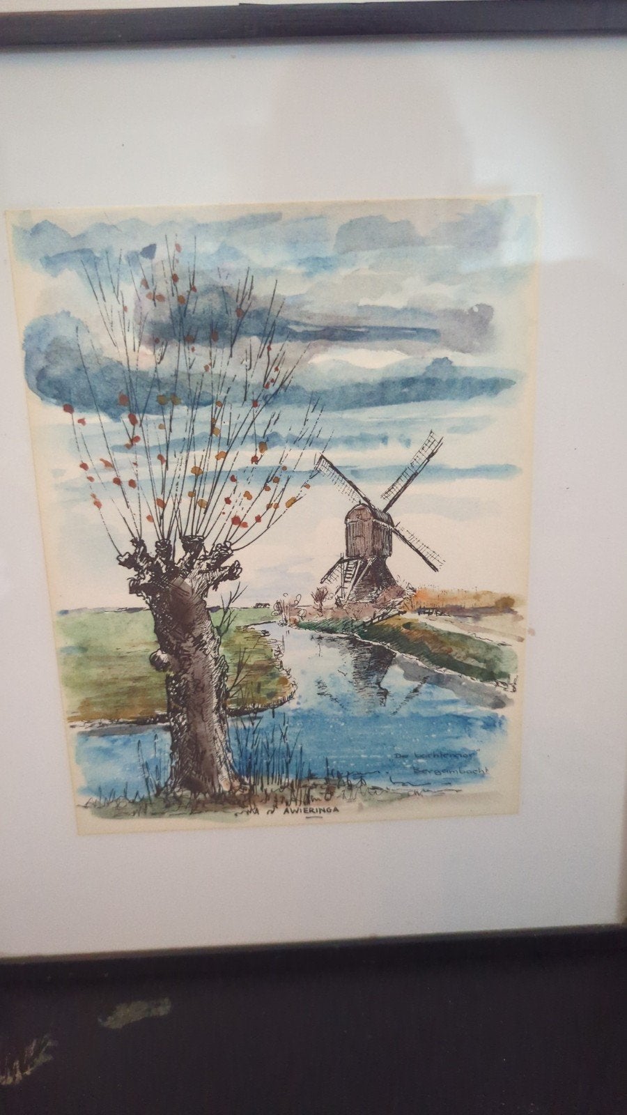 Aquarel: Hollandse molen Bergambacht, Ophalen of Verzenden
