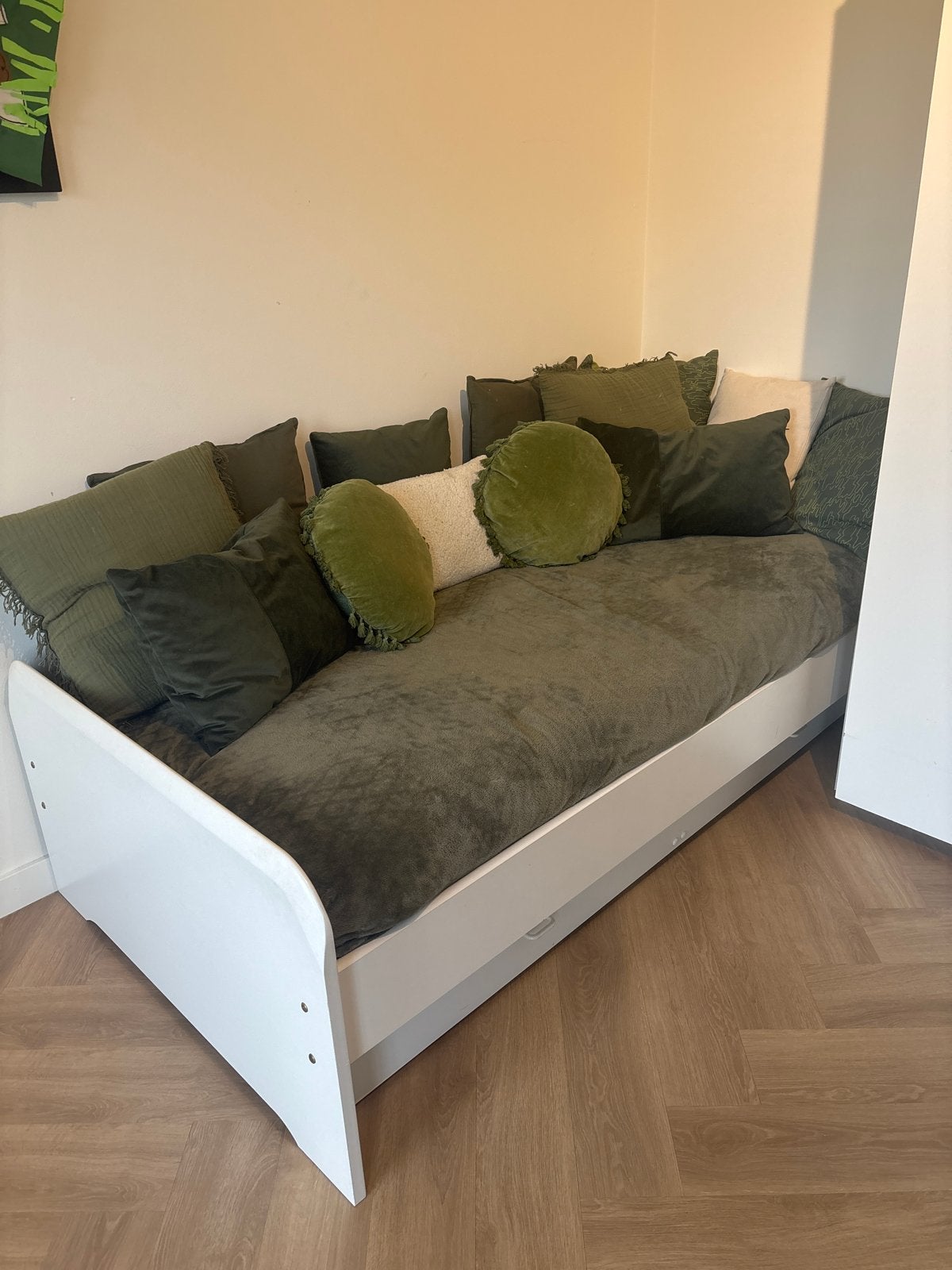 Wit eenpersoonsbed met uittreklade en 2 matrassen, Ophalen, Gebruikt, 90 cm, Eenpersoons