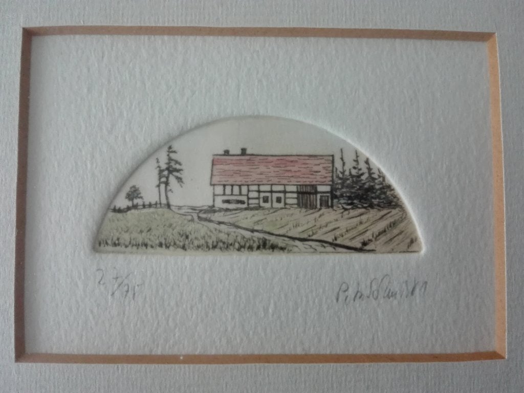 Genummerde mini ets, gesigneerd, nr 27/75., 6 cm, Gesigneerd, Landschap, 3 cm