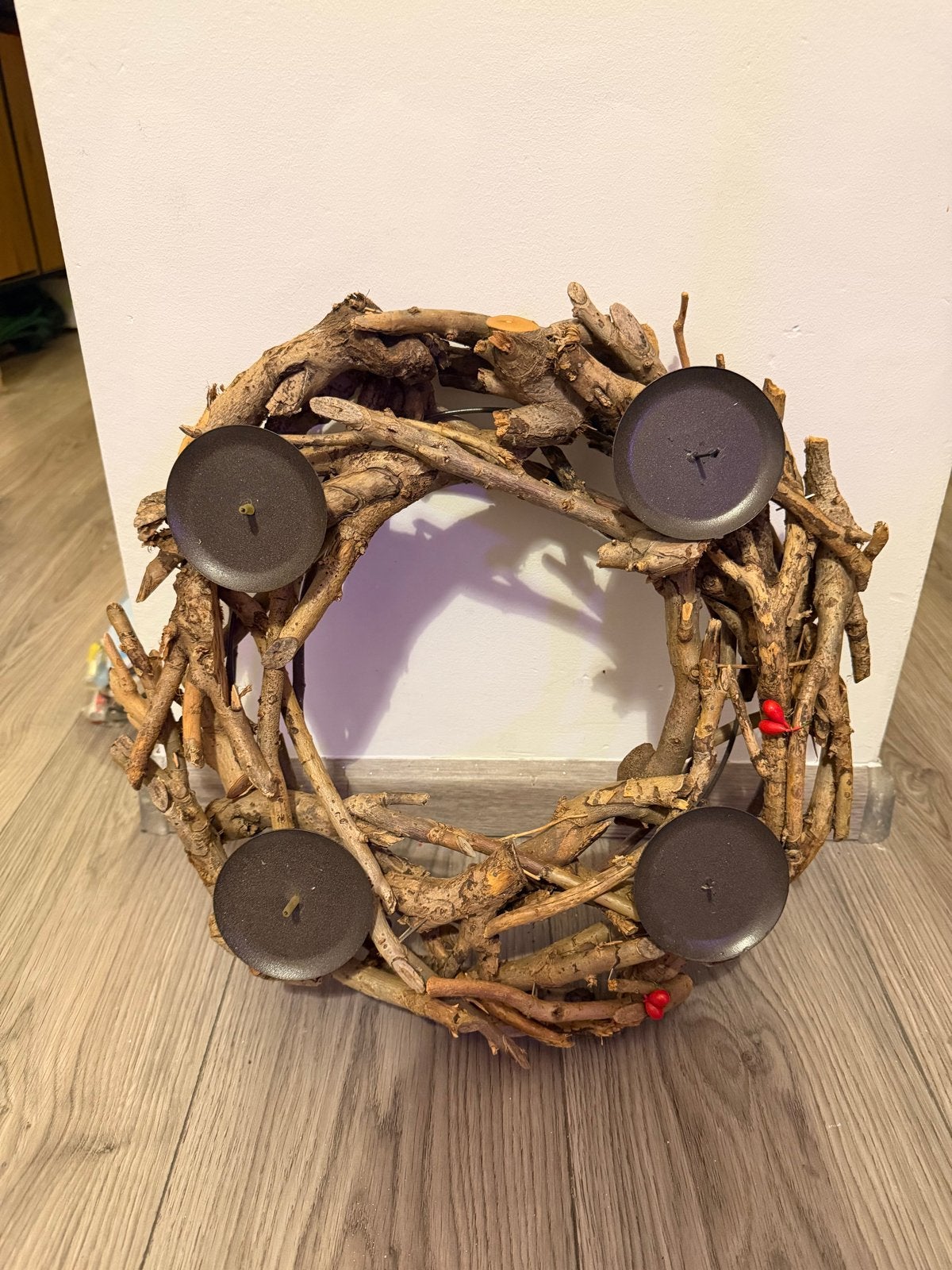 Decoratieve Adventskrans van Hout met Kaarshouders, Gebruikt, Bruin, Ophalen of Verzenden, Kandelaar