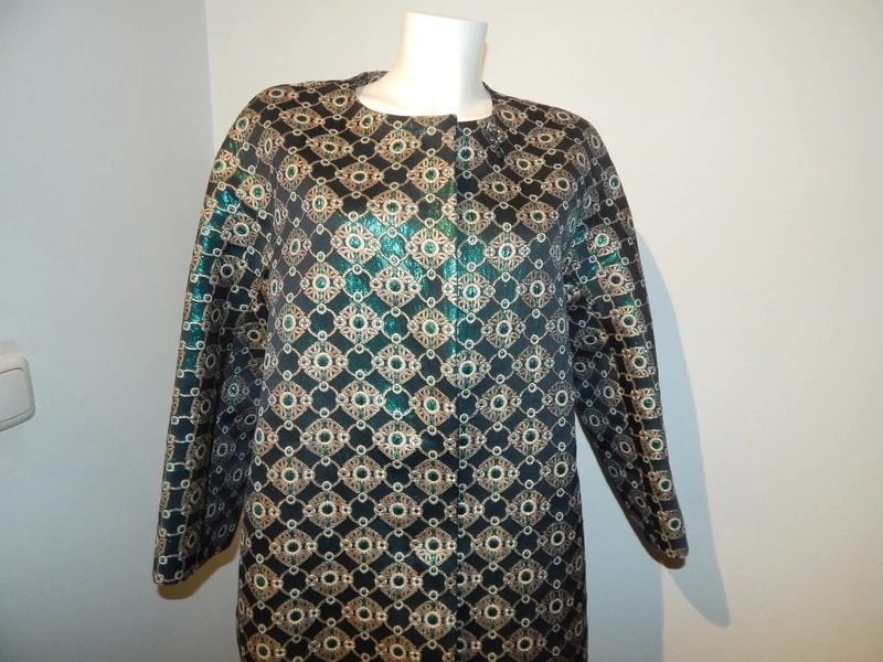 Max Mara beeldschone jas goud groen glinster broche D42, Maat 42/44 (L), Zo goed als nieuw, 's Max Mara, Meerkleurig