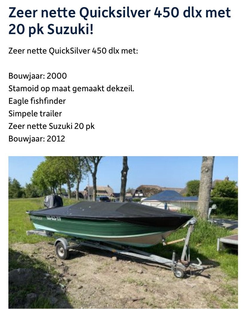 Quicksilver 450DLX incl 20pk Suzuki bb motor, Ophalen, 10 tot 30 pk, Gebruikt, Aluminium