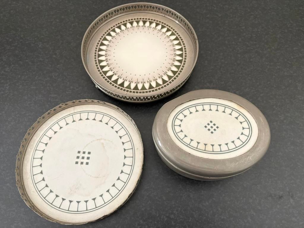 3-delige set van tin / porselein, schalen en doos met deksel, Antiek en Kunst, Ophalen of Verzenden