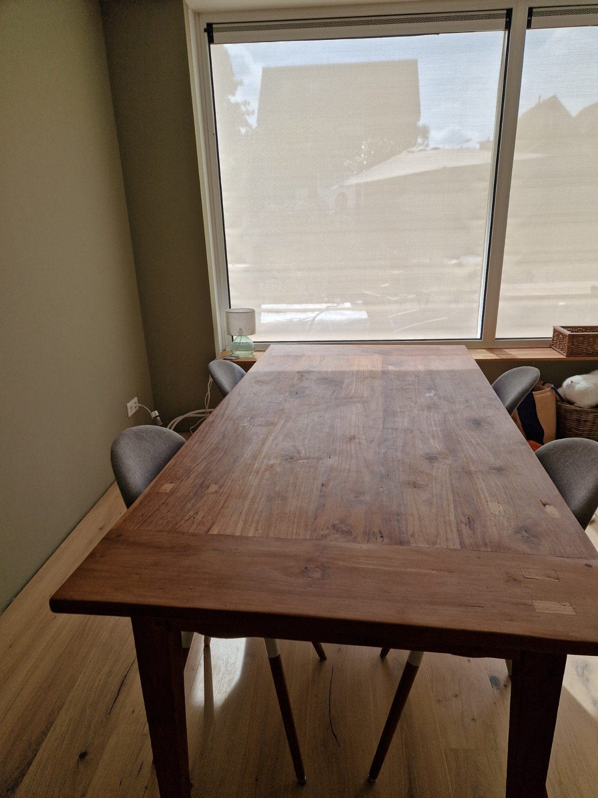 Massief houten eettafel met lade, Ophalen, Gebruikt, Eikenhout, 50 tot 100 cm