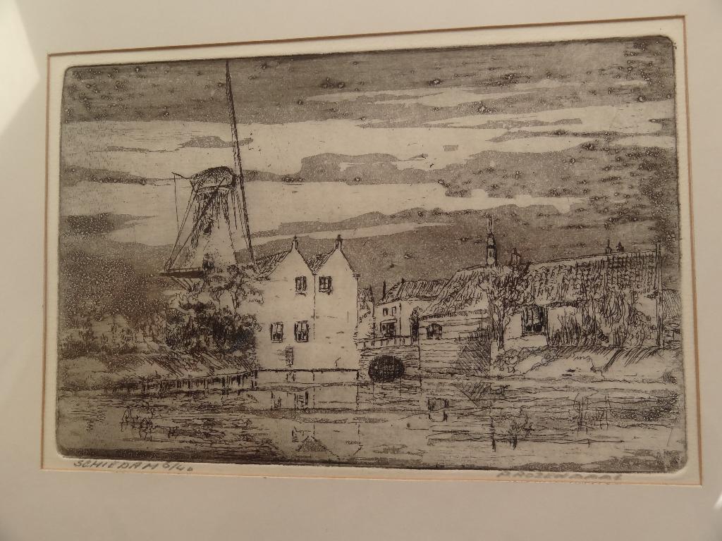 Schiedam met molen, Piet Rozendaal, nr.6-40, Stadsgezicht, Ingelijst, 1950 - 1999, Verzenden