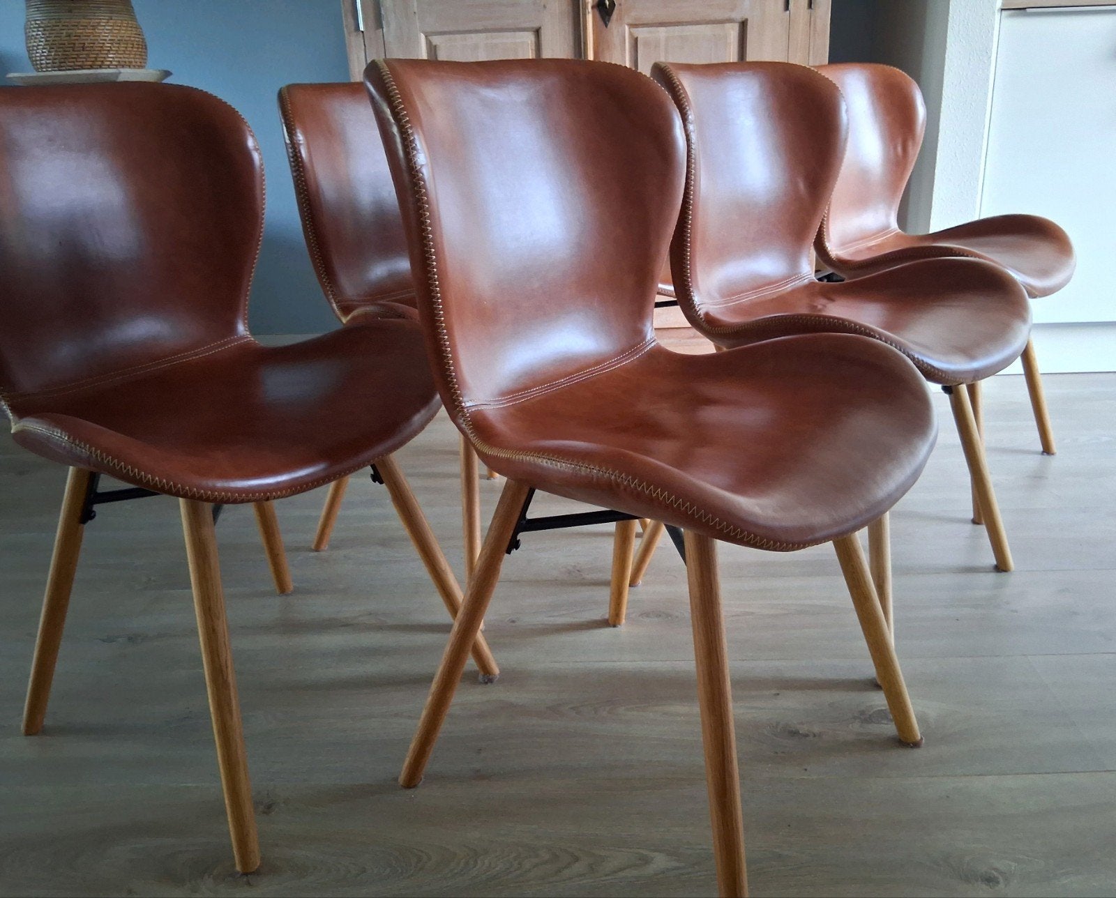 6 x Eetkamerstoelen - cognac leerlook, Huis en Inrichting, Ophalen, Overige materialen, Gebruikt, Vijf, Zes of meer stoelen