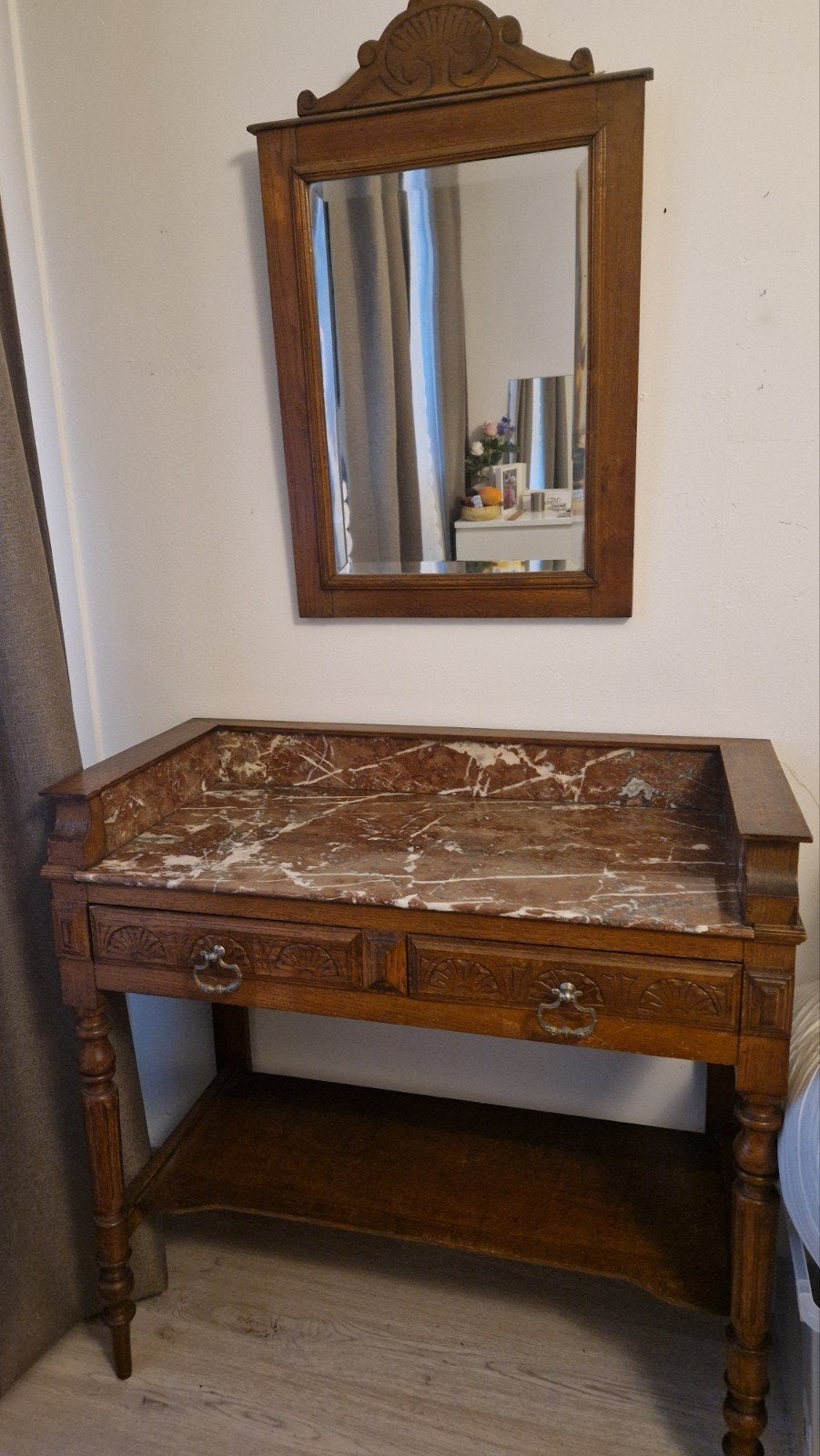 Antieke kaptafel met spiegel - Marmeren blad, Gebruikt, 50 tot 100 cm, Minder dan 100 cm, Hout