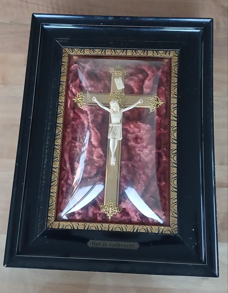 Groot antiek kruisbeeld schilderij Jezus, Ophalen of Verzenden