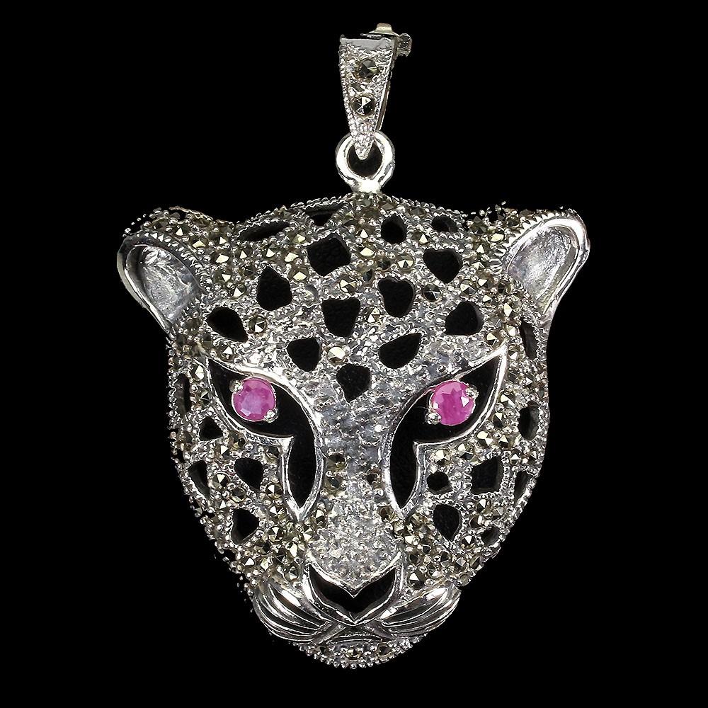 Massief zilveren panter hanger met Robijn en Marcasiet, Verzenden, Nieuw, Met edelsteen, Zilver