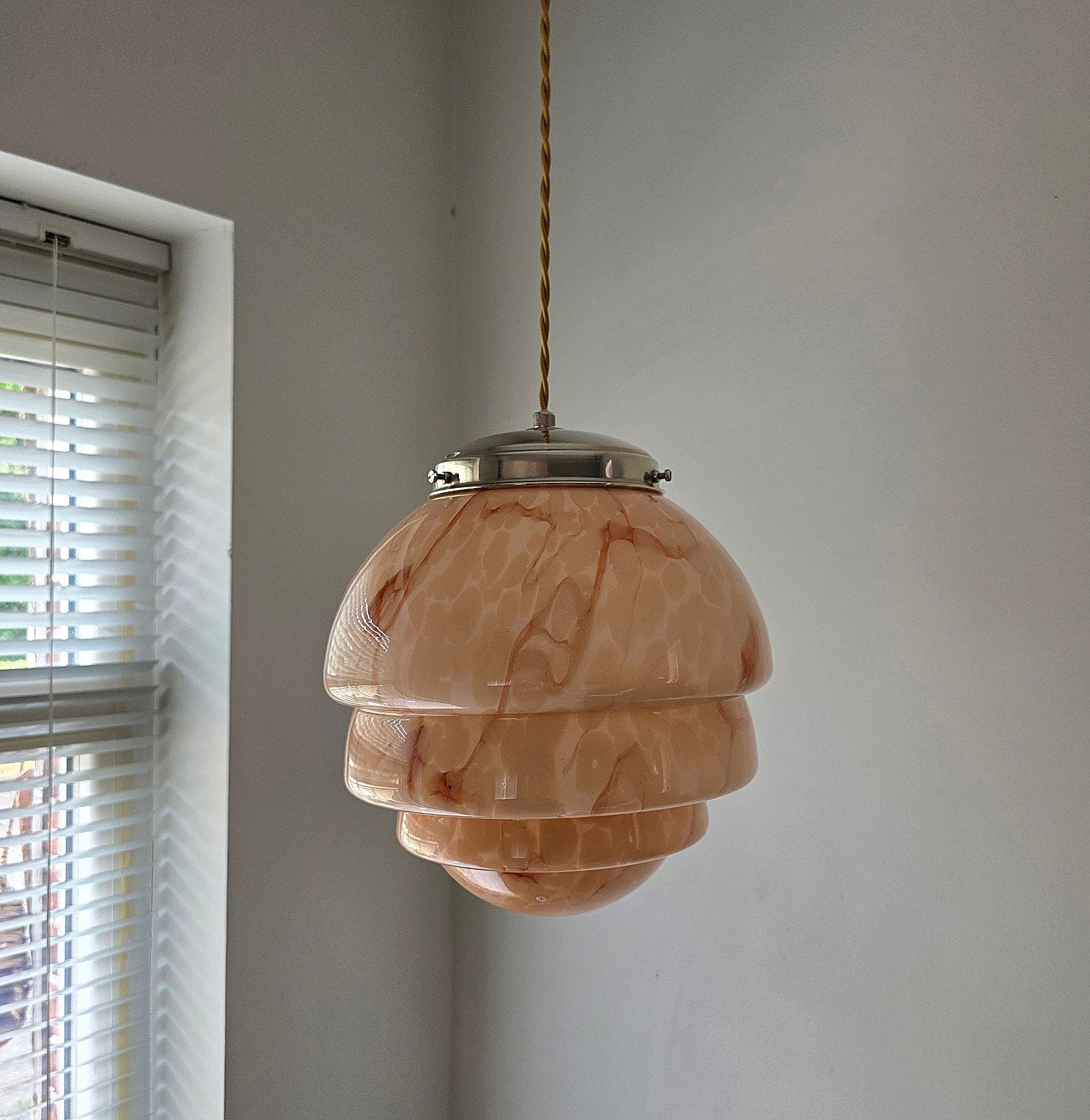 Vintage gemarmerde wolkenglas Art-Deco hanglamp., Ophalen of Verzenden, Glas