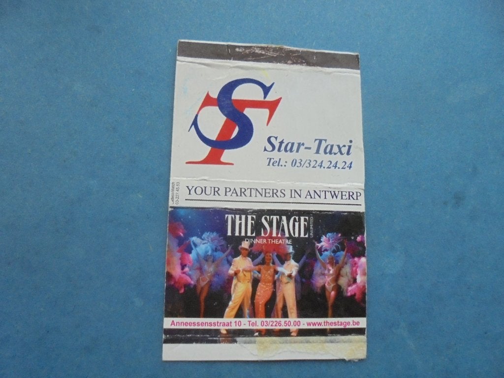 Oud lucifermerk The Stage Dinner Theatre Star TAXI Antwerpen, Verzamelen, Ophalen of Verzenden, Zo goed als nieuw, Luciferdoosjes of -merken