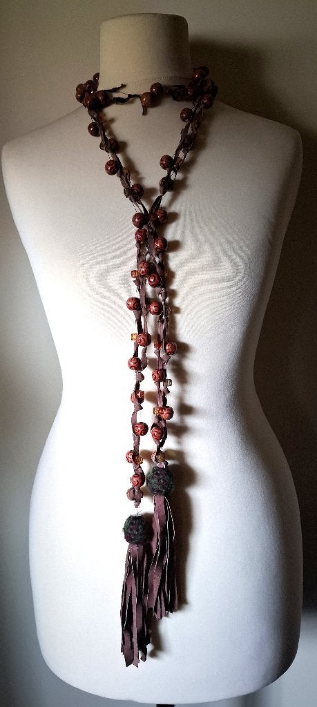 Artistieke vintage boho ketting/ceintuur, hout/stof/leder, Verzenden, Nieuw, Overige kleuren, Overige materialen