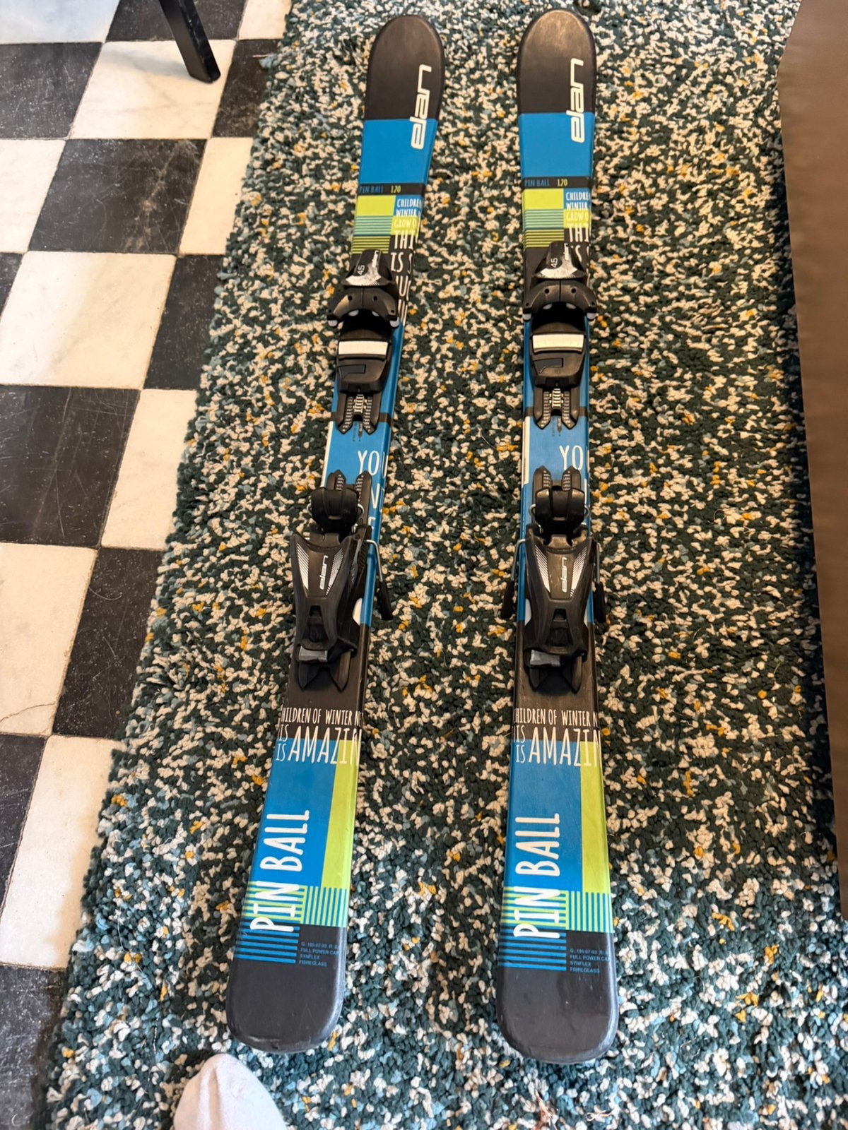 Ski Junior Occasion Elan PinBall + Fix 120 cm, Sport en Fitness, Skiën en Langlaufen, Overige merken, Gebruikt, 100 tot 140 cm