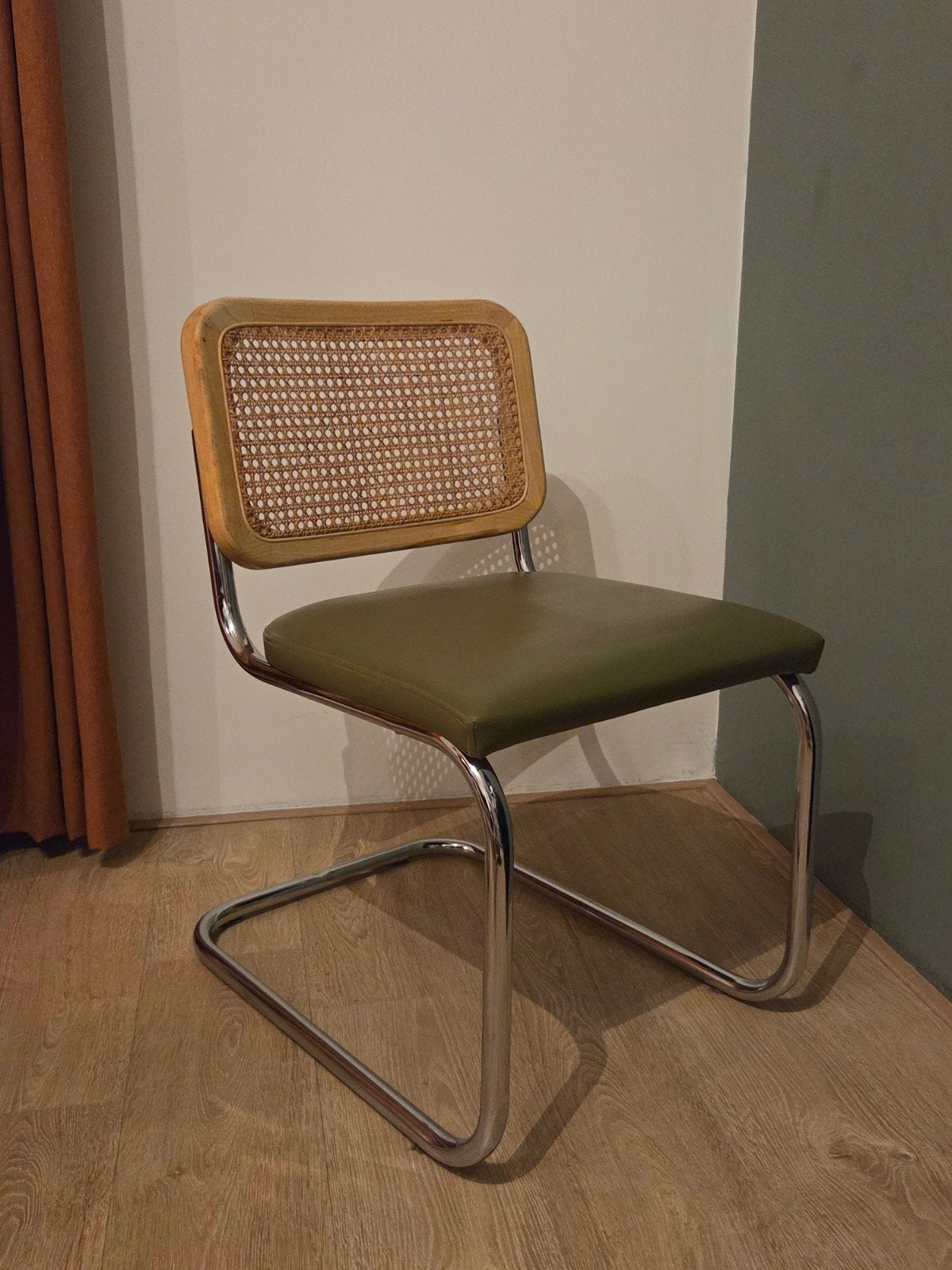 Vintage stoel met webbing en chromen frame, Ophalen, Gebruikt, Overige kleuren, Hout