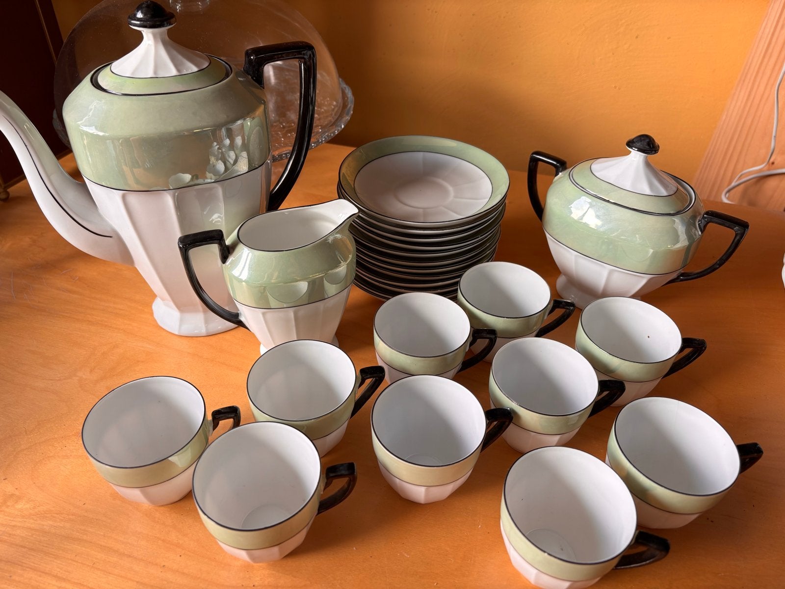 Art Deco Victoria Chechoslovakia Koffieset - Groen/Wit, Ophalen