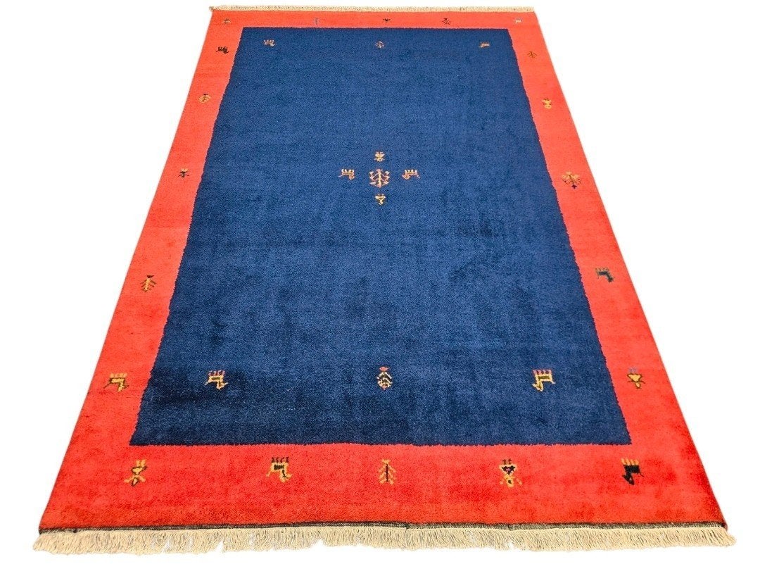 Handgeknoopt oosters wol Gabbeh red blue India 193x298cm, ., India, 200 cm of meer, Rechthoekig