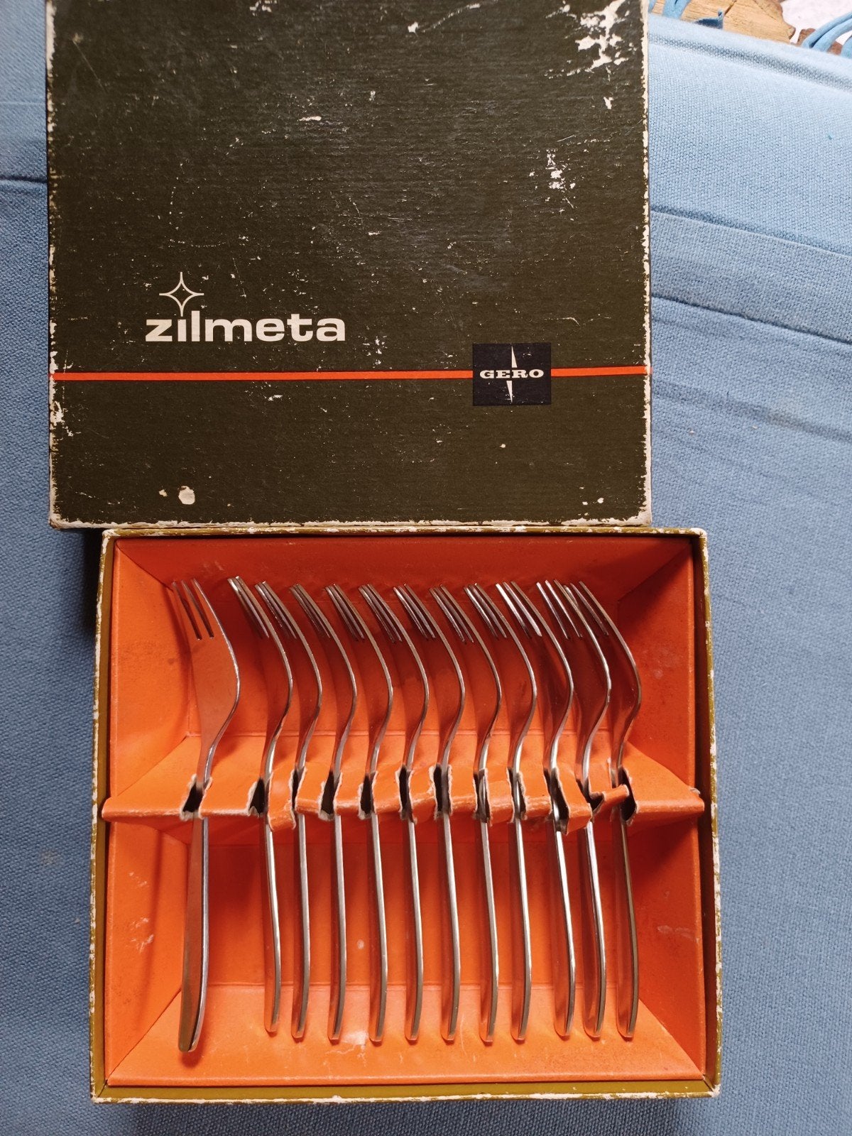 Vintage Zilmeta Gero gebaksvorkjes set in doos, Antiek en Kunst, Antiek | Bestek, Ophalen of Verzenden