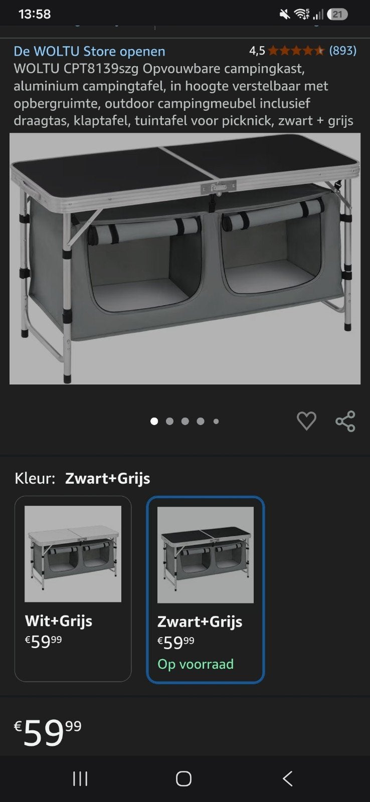 WOLTU Opvouwbare Campingkast/Tafel - Zwart+Grijs, Caravans en Kamperen, Ophalen, Nieuw