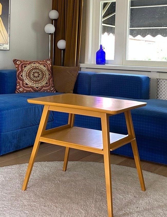 Retro Jaren '60/'70 Gele Salon-/Bijzettafel, Huis en Inrichting, Tafels | Salontafels, Ophalen, Gebruikt, 50 tot 100 cm, Overige houtsoorten