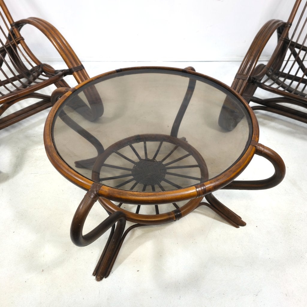 Rotan zitgroep Tito Agnoli 60's Italiaans design mid century, Huis en Inrichting, Stoelen, Ophalen, Gebruikt, Twee, Bruin