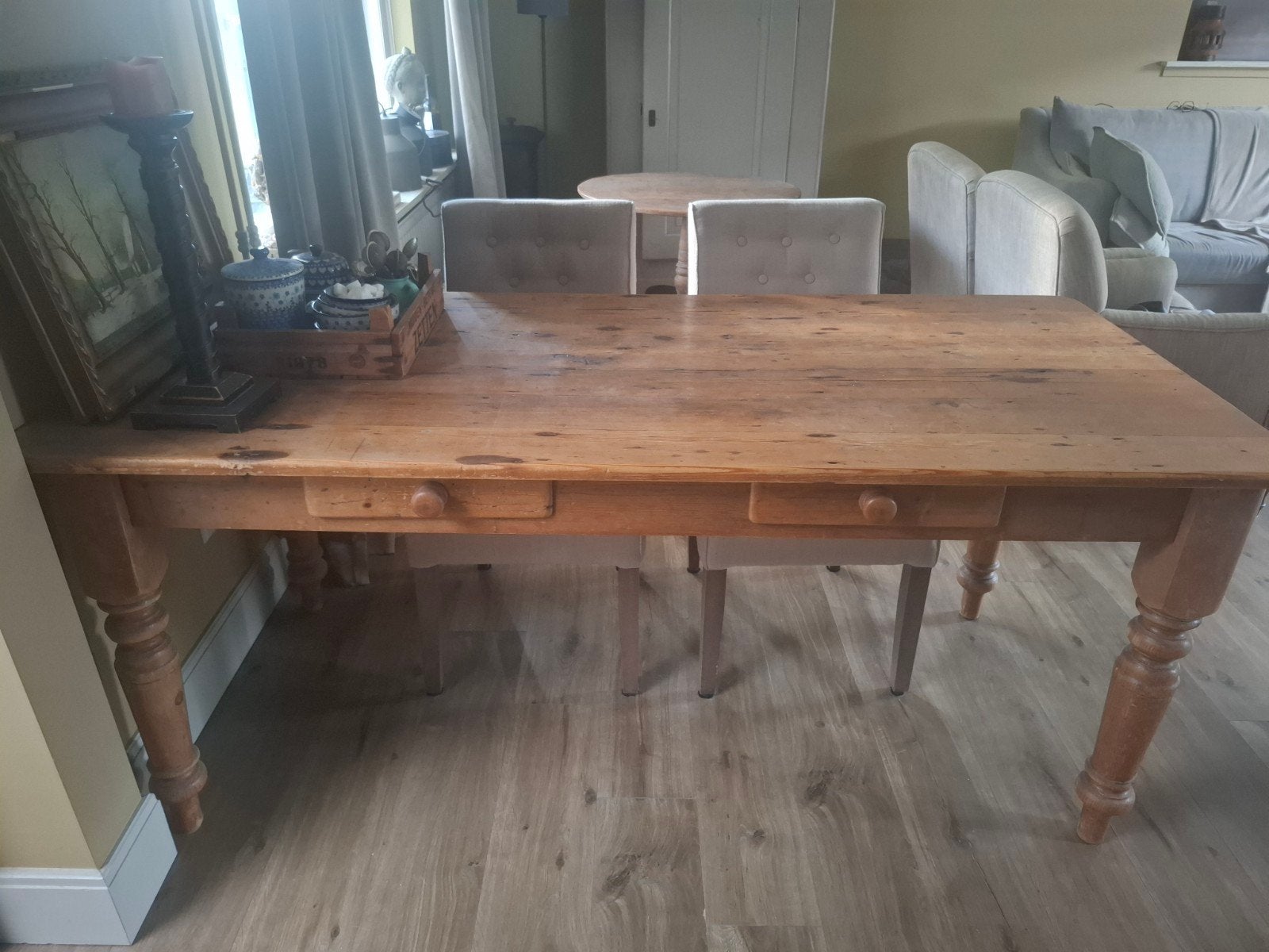 Doorleefde oude eettafel met 2 opberglades, Ophalen, Gebruikt, 50 tot 100 cm, 150 tot 200 cm
