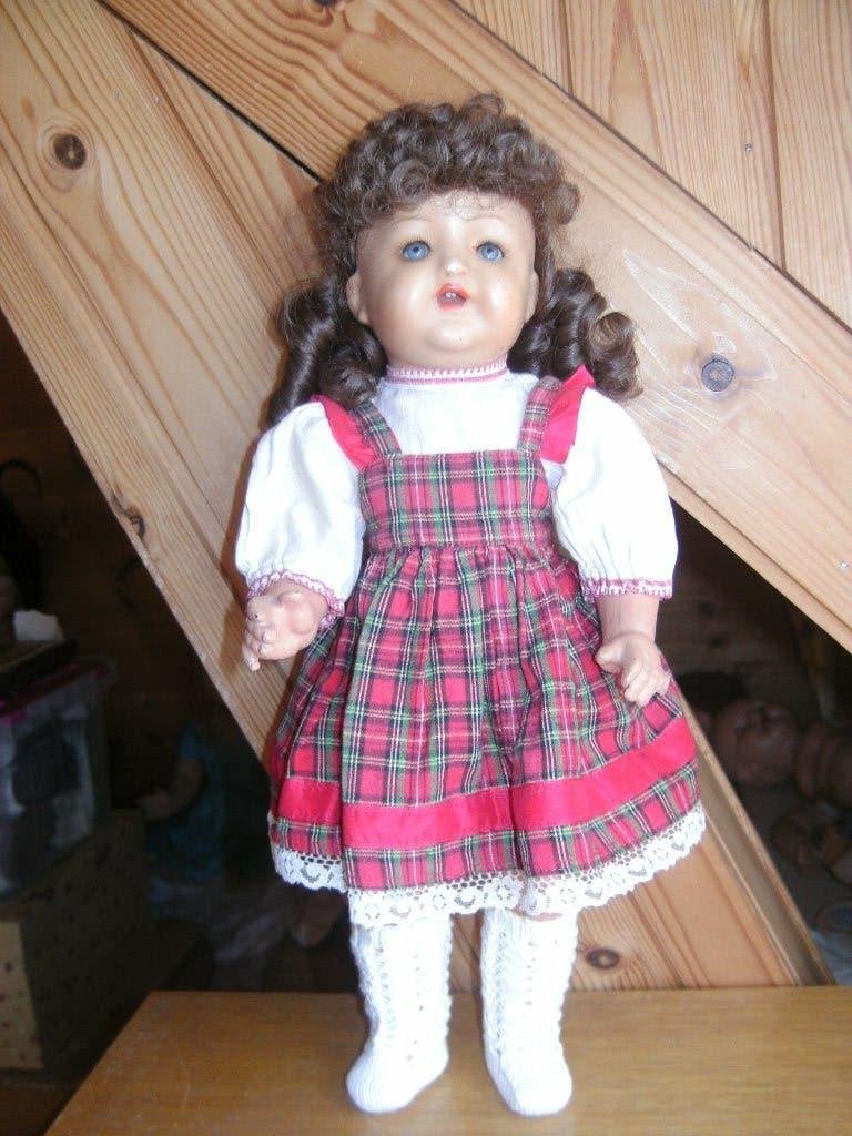 popje ongemerkt 40 cm open mond met tong en tandjes vintage, Verzamelen, Poppen, Ophalen of Verzenden, Gebruikt, Pop