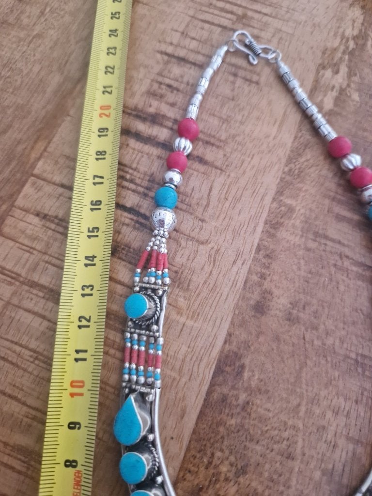 Tibetaanse ketting met amber en turquoise., Sieraden, Tassen en Uiterlijk, Ophalen of Verzenden, Zilver, Ketting, Met edelsteen