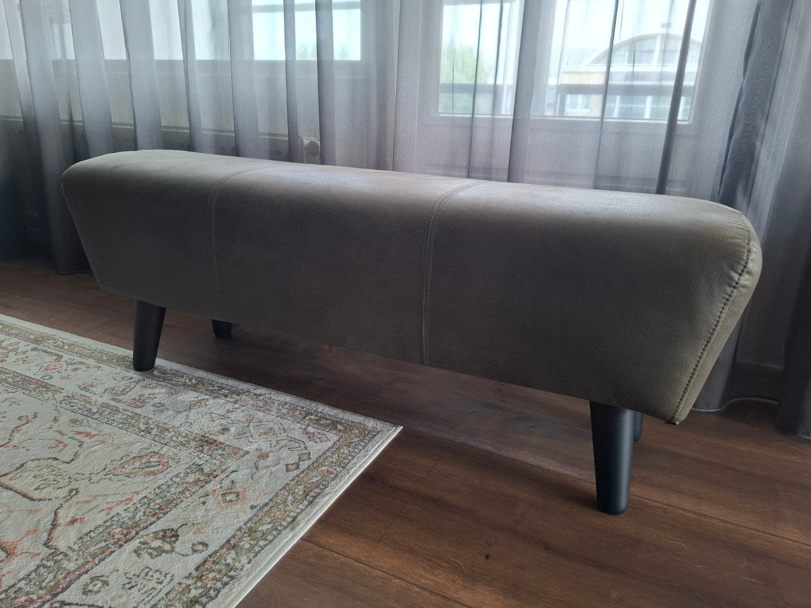 Bankje / Hocker leer groen, Gebruikt, Eenpersoons, Minder dan 75 cm, Leer