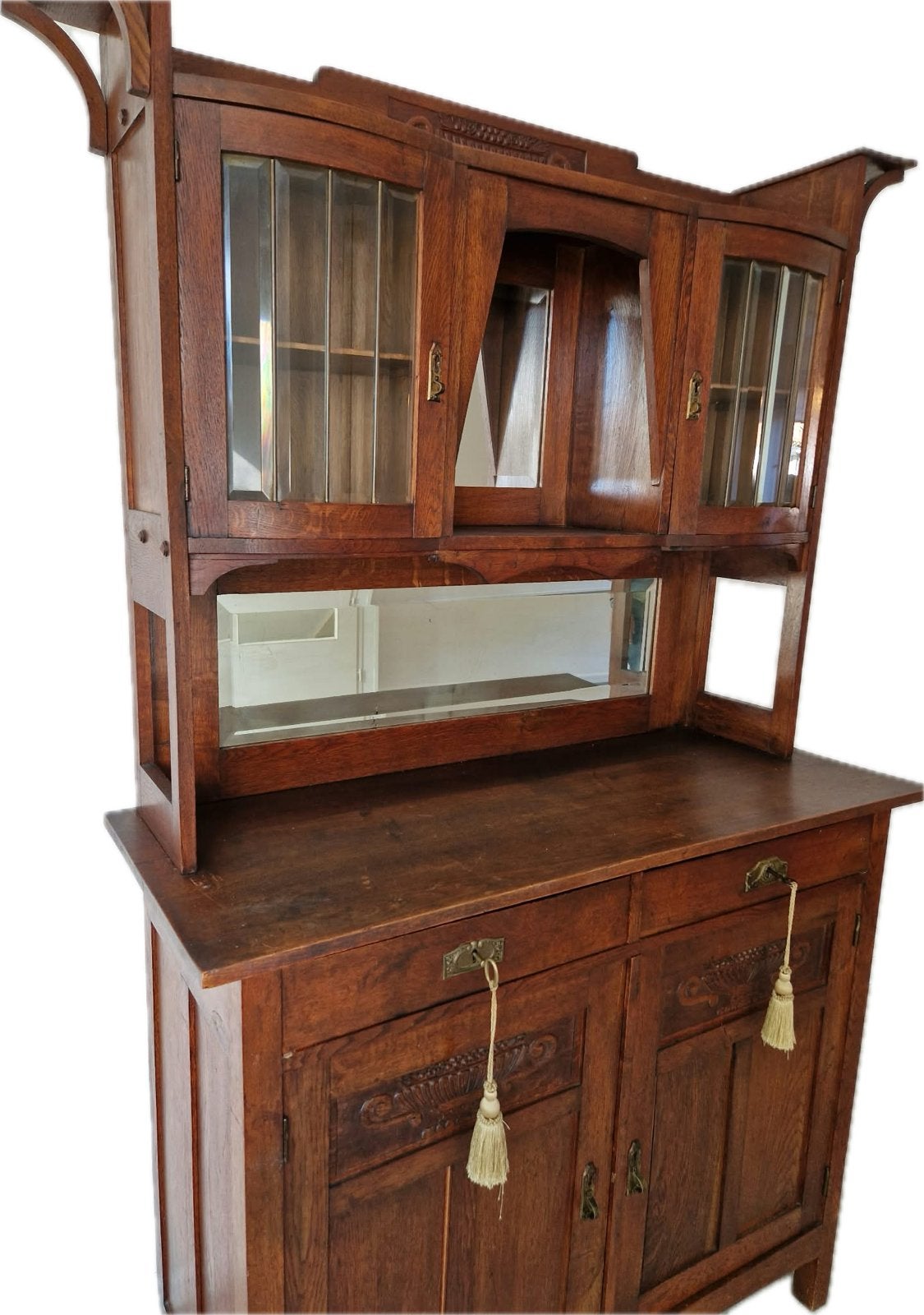 Antiek Eiken Dressoir met Vitrinekast en Spiegels, Antiek en Kunst, Ophalen