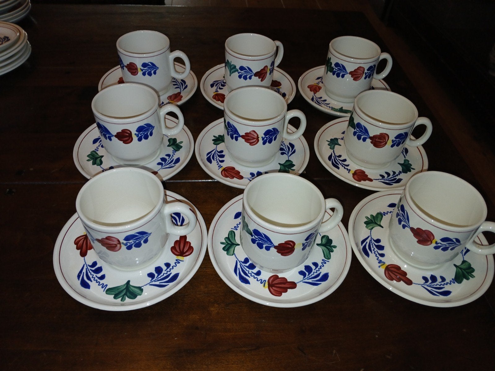 Set van 9 Boerenbont Boch koffiekopjes met schotels, Ophalen of Verzenden