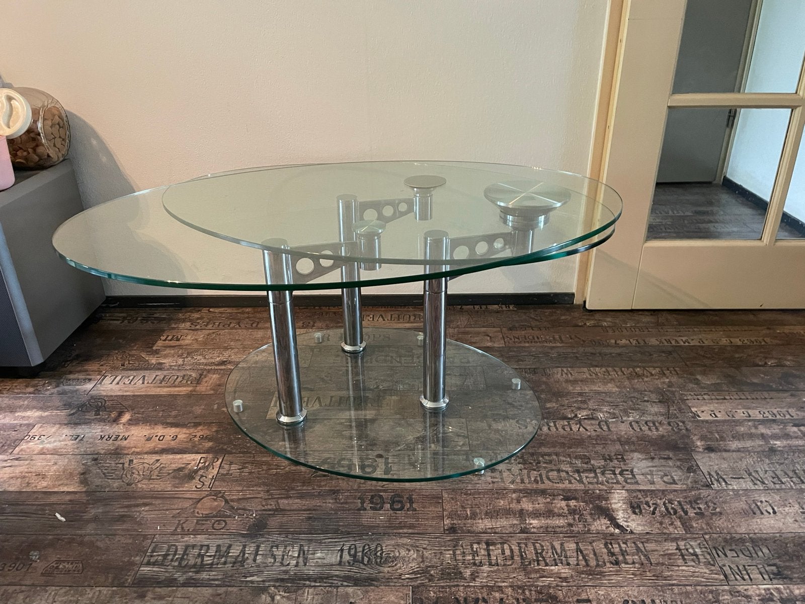 Glazen salontafel met draaibare bladen, Huis en Inrichting, Ophalen, Gebruikt, 100 tot 150 cm, 50 tot 100 cm