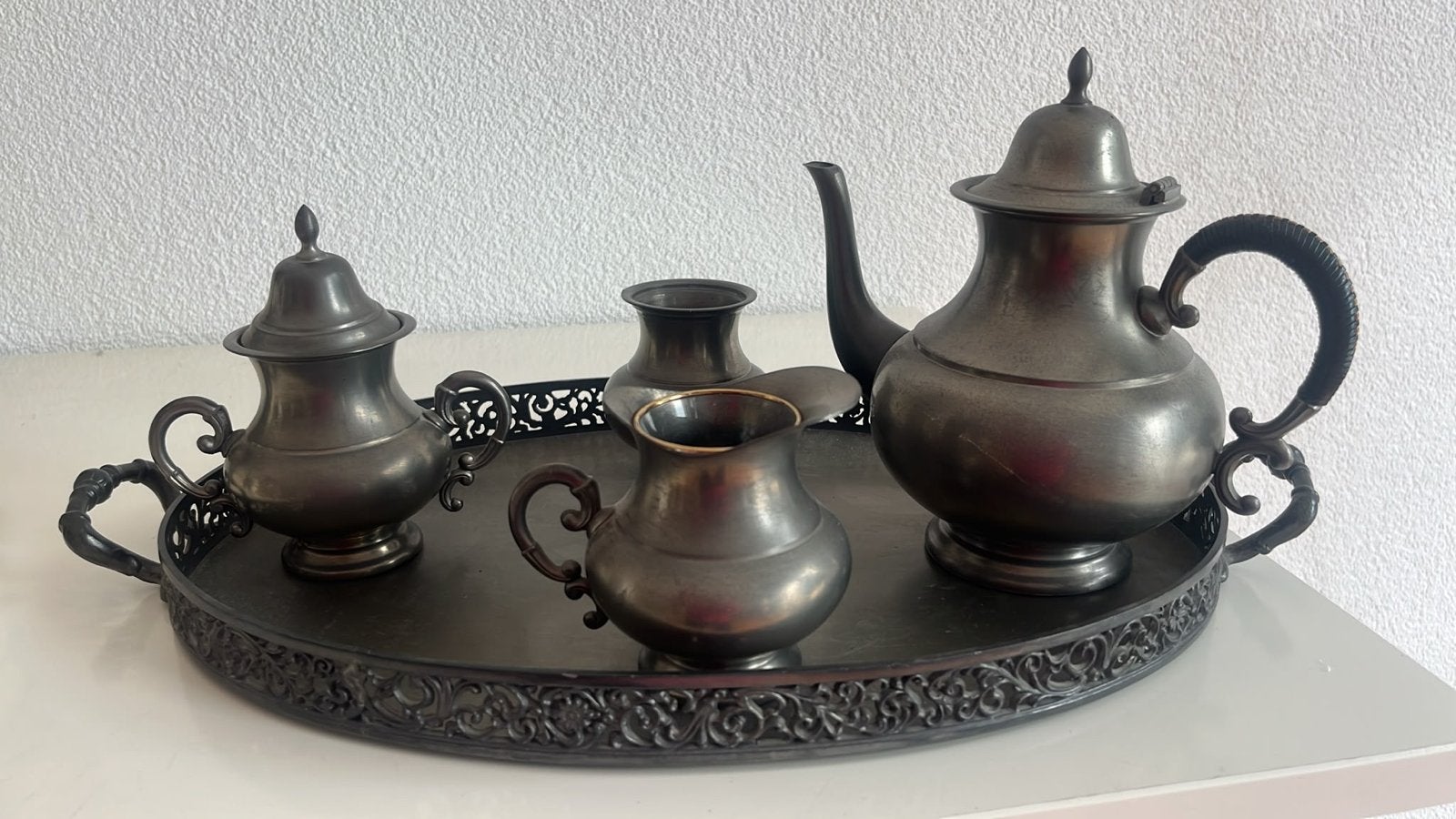 Antiek tinnen koffieservies op dienblad, Antiek en Kunst, Ophalen
