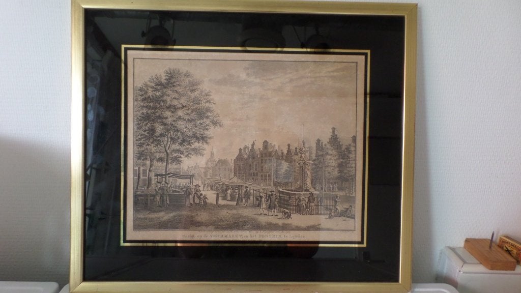 Prent in lijst, Gezigt op VISCHMARKT, A. Delfos-(#9179), Antiek en Kunst, Kunst | Etsen en Gravures, Ophalen, Dagelijks leven