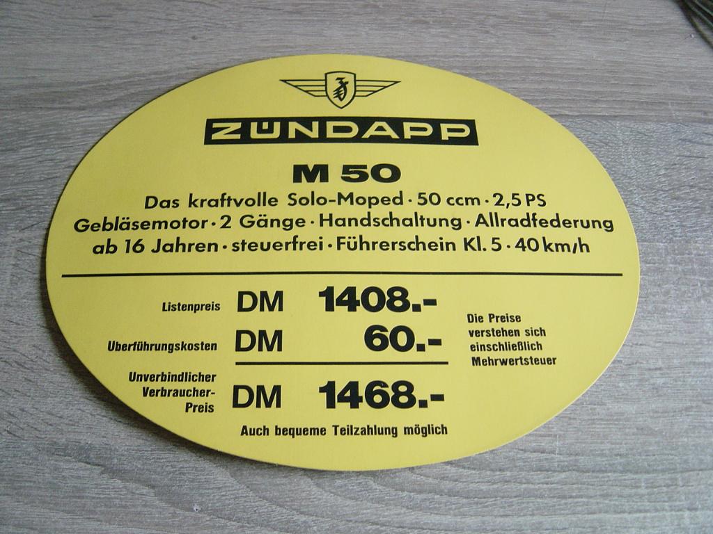 Prijzenbord zundapp M 50, Verzenden, Gebruikt