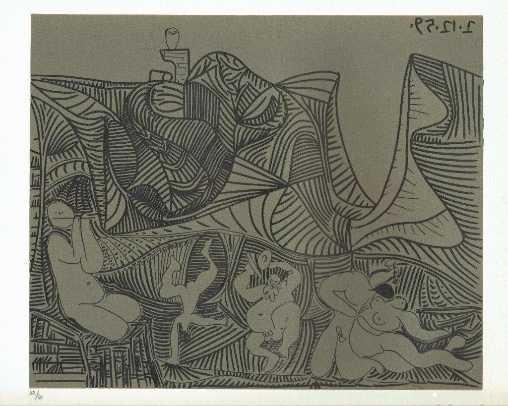 Picasso Bacchanal with Pair of Lovers and Owl Linocut, Ophalen of Verzenden