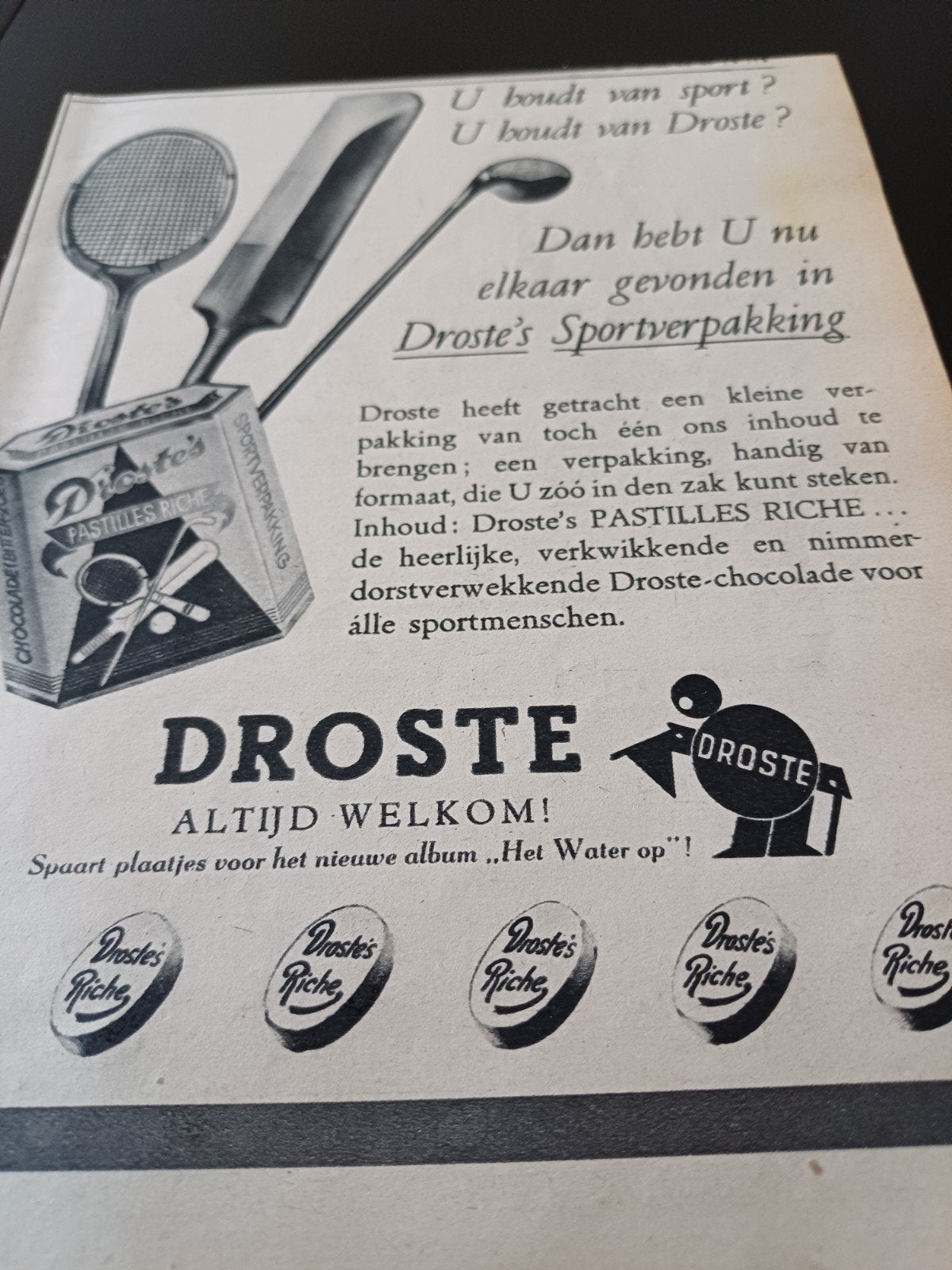 advertentie Droste pastilles sportverpakking 1939, Verzamelen, Ophalen of Verzenden, Zo goed als nieuw, Overige typen