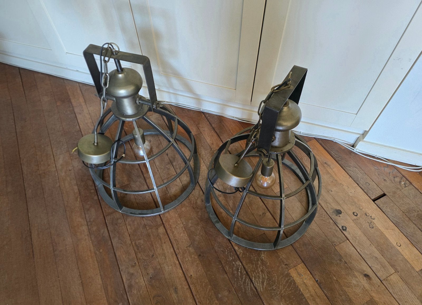 Set van 2 industriële hanglampen met kooiconstructie, Ophalen, Gebruikt, Metaal, Industrieel, Vintage