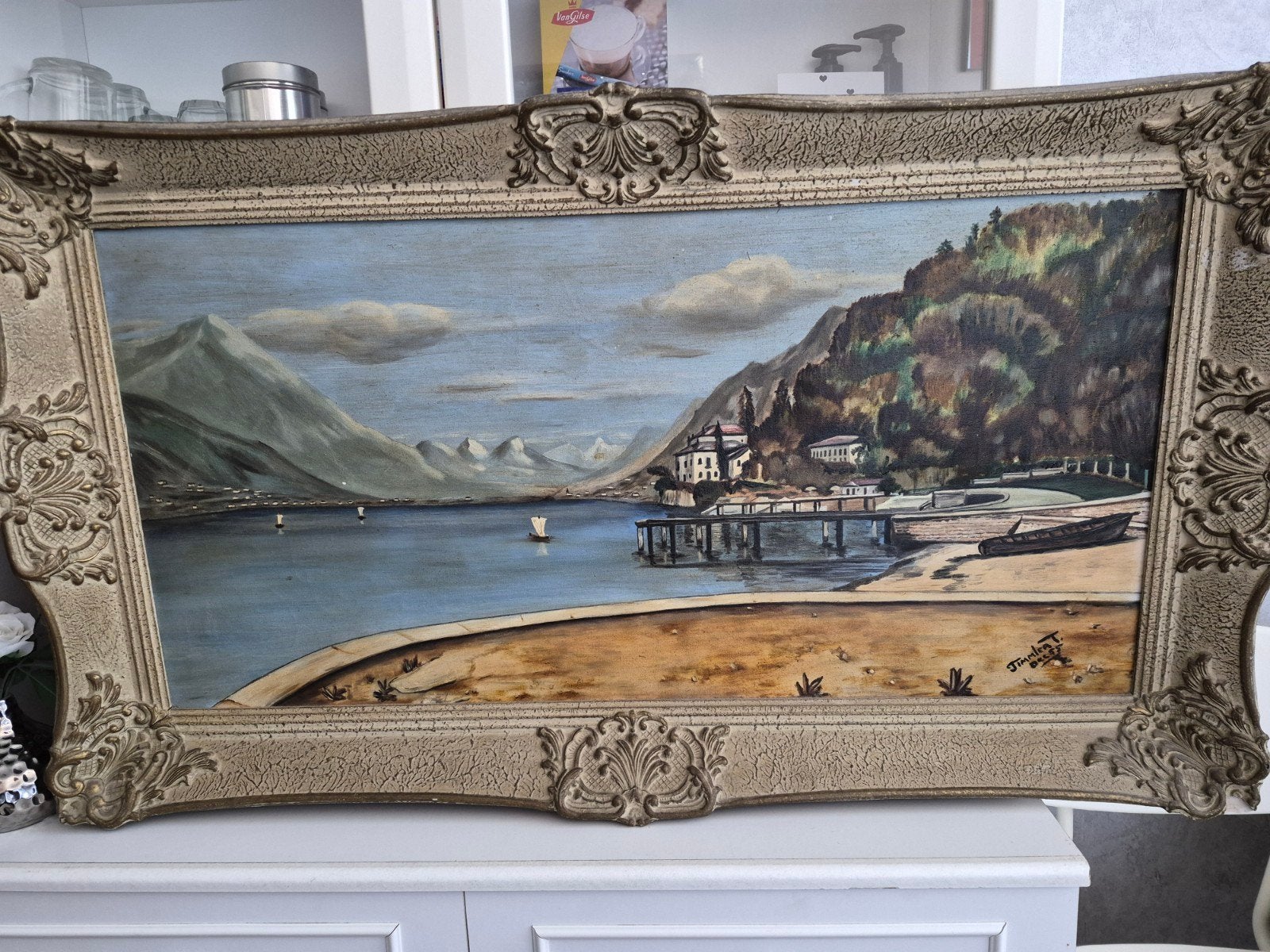 Oud schilderij van een berglandschap aan het water, Antiek en Kunst, Kunst | Schilderijen | Klassiek, Ophalen, Doek, Origineel werk