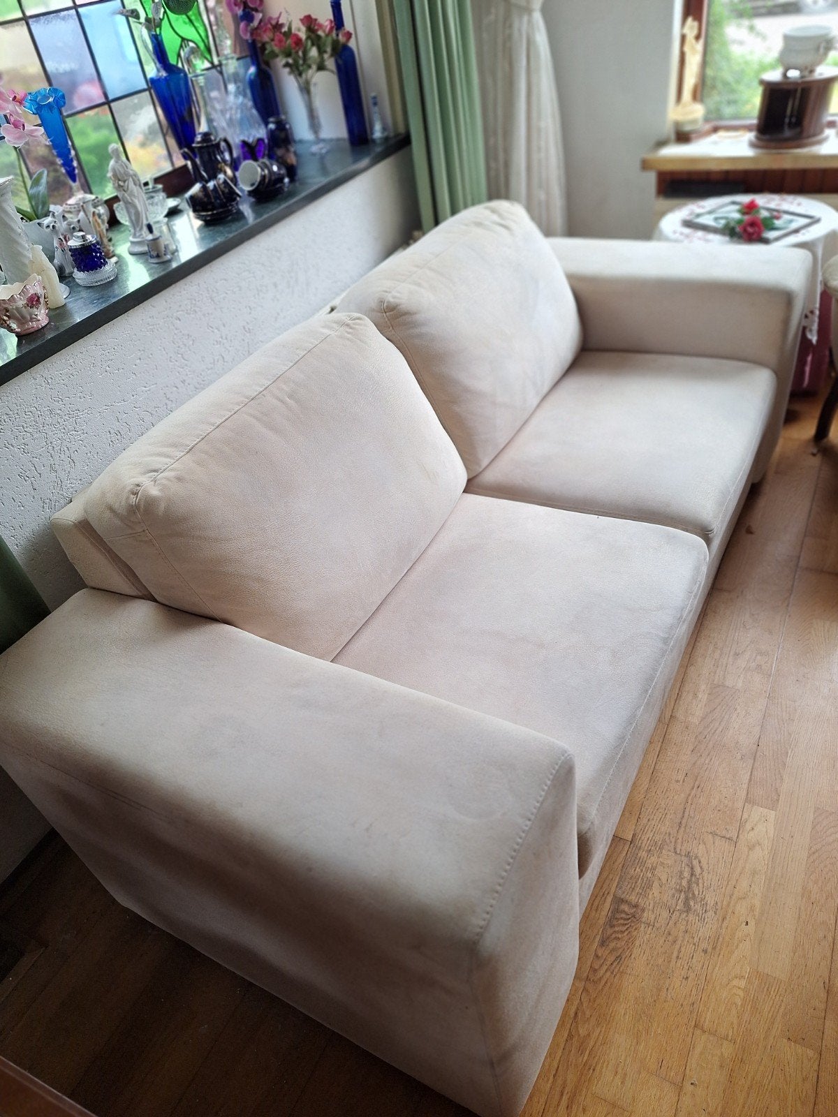 GRATIS af te halen: comfortabele 2-zitsbank, lichtbeige stof, Ophalen, Gebruikt, 150 tot 200 cm, Tweepersoons