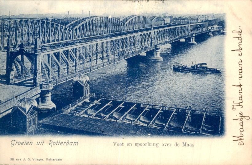 Groeten uit Rotterdam: Voet- en spoorbrug over de Maas, Ophalen of Verzenden, Voor 1920, Gelopen, Zuid-Holland