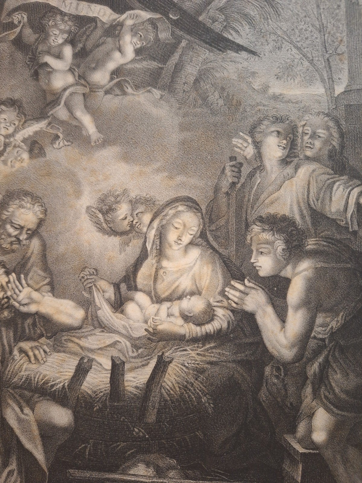 Antieke Gravure: Het Licht v d Wereld - Geboorte van Chris, Religie, Ophalen of Verzenden, Gravure, Met tekst