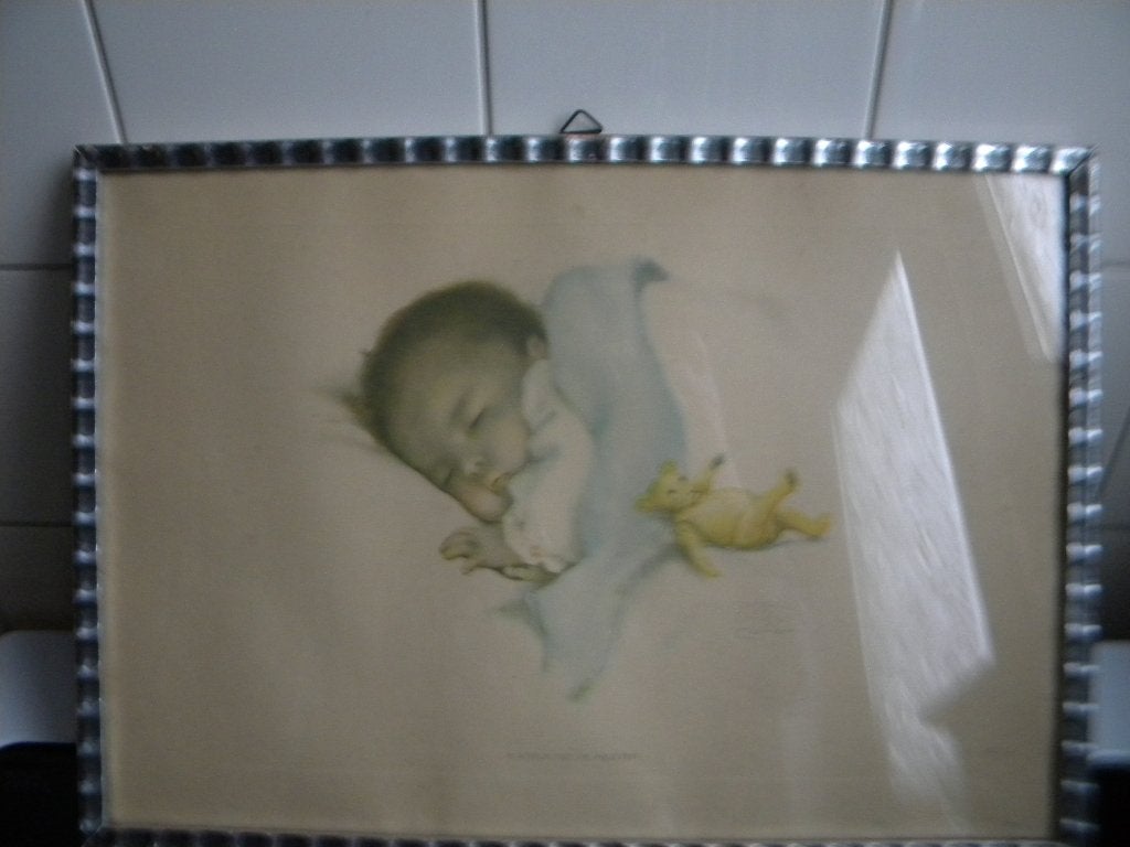 BABYPRENT BESSIE PEASE IN OUDE HOUTEN LIJST ZILVERKLEUR, Ophalen of Verzenden, Gebruikt, Minder dan 50 cm, Print