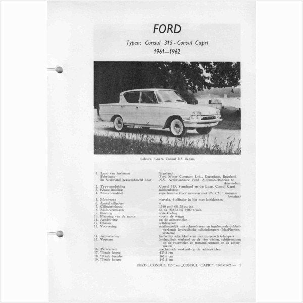 Ford Consul 315 Consul Capri Vraagbaak losbladig 1961-1962 #, Ophalen of Verzenden, Gelezen, Ford