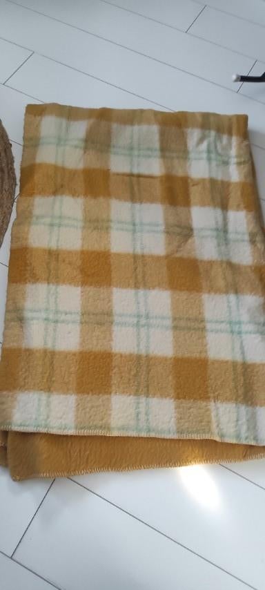 Vintage wollen deken Hatema geel wit groen geruit, Gebruikt, Eenpersoons, Geel, Ophalen of Verzenden
